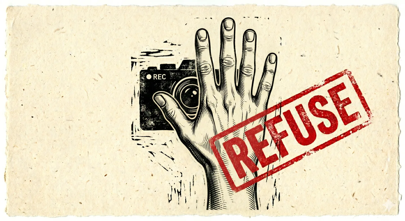 A flat raised palm covering a camera lens, with a red REFUSE stamp.